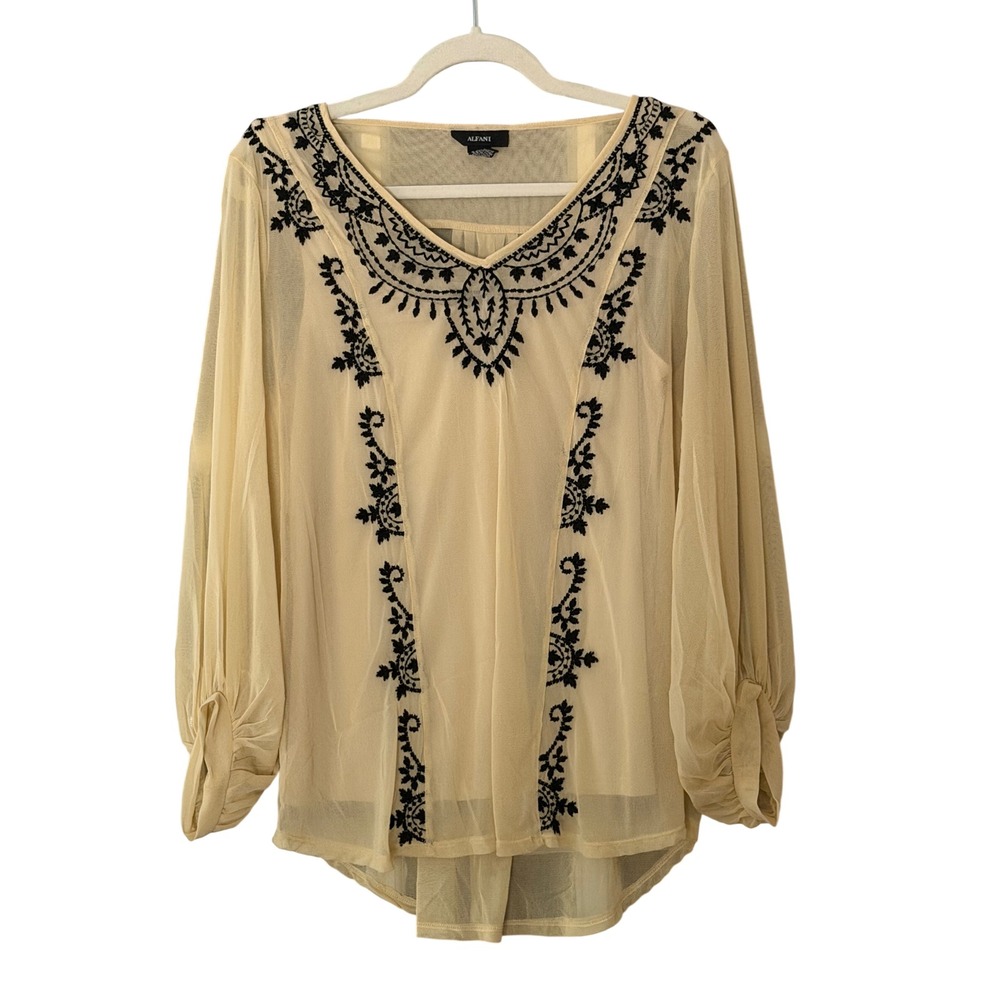 Alfani Women's M Cream Black Embroidered Sheer Blouse With Cami | SKU 1206